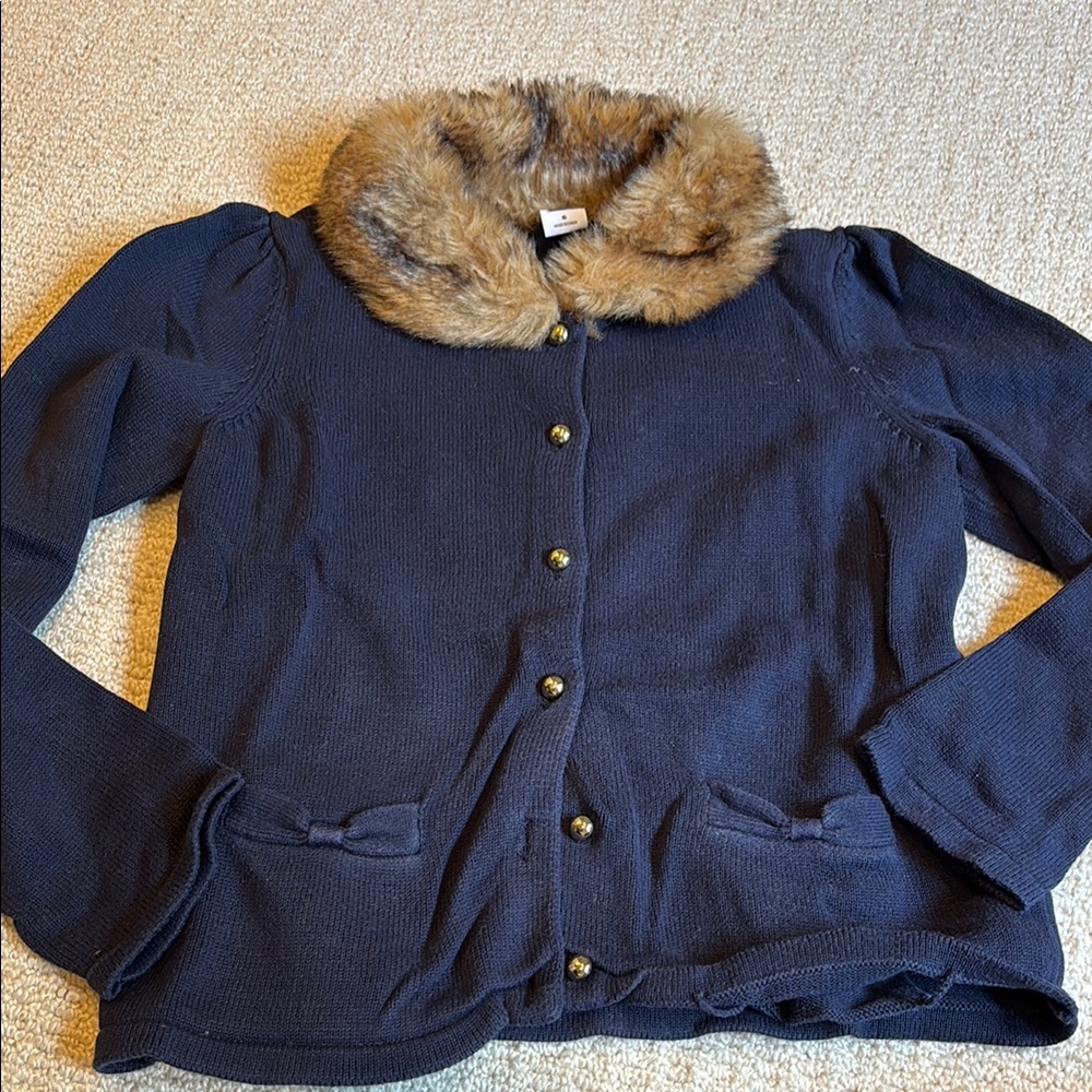 Janie and Jack navy Cardigan with Faux Fur Collar